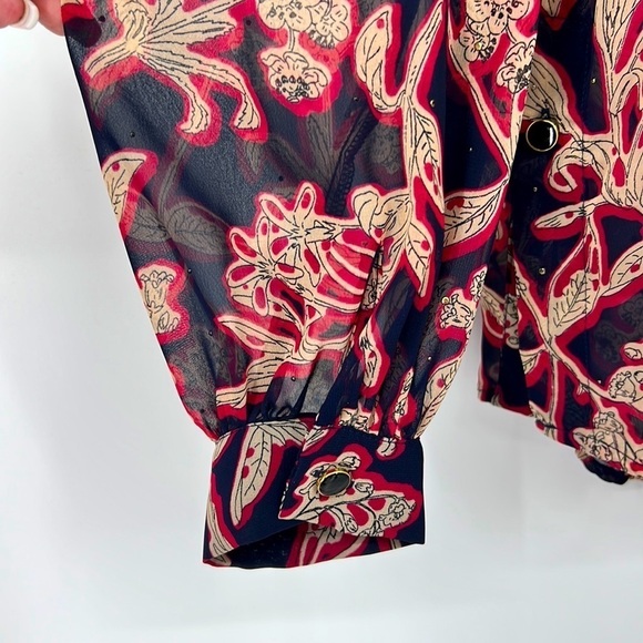 𝅺Zara Floral Red & Blue Oversized V Neck Studded Blouse SZ M - Picture 6 of 12